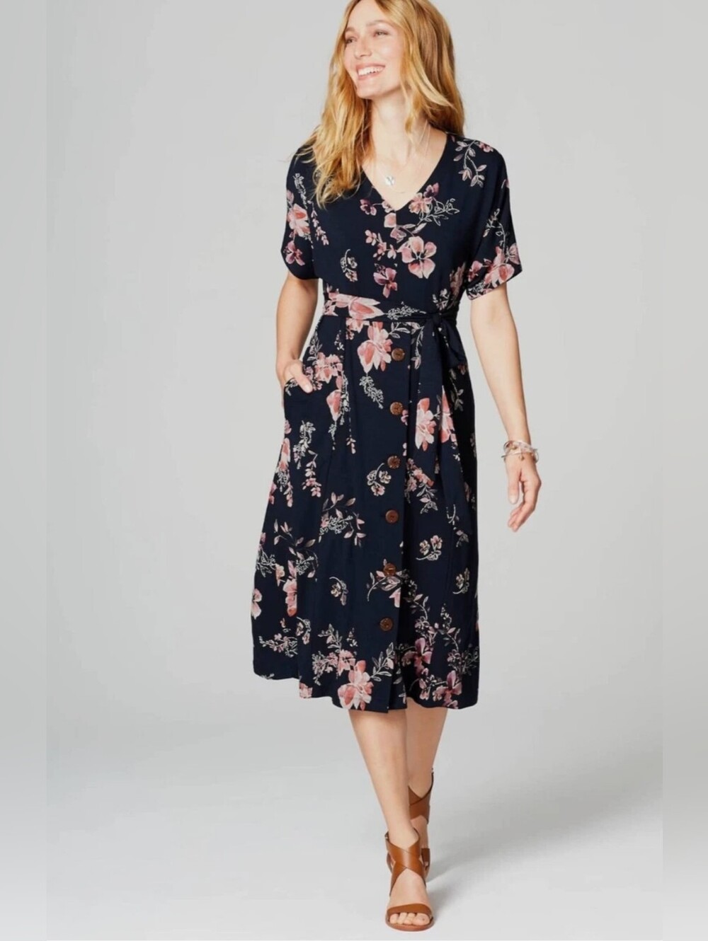 NWT J.Jill Floral V-Neck Midi Dress in Navy and Pink